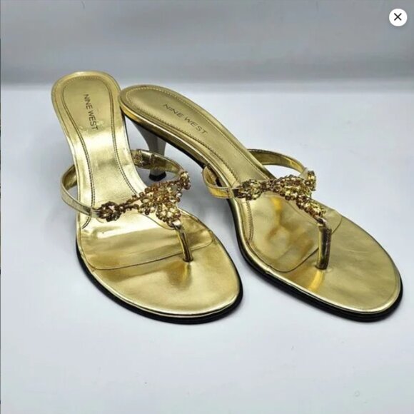 Nine West Gold Heeled Thong Sandals with Jewel Embellishments | Size 11 | EUC - Picture 1 of 9